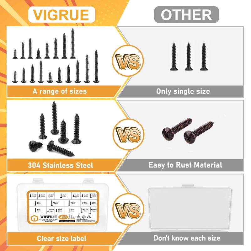 VIGRUE 425PCS #6#8 Black Wood Screw Set, Black Oxide 304