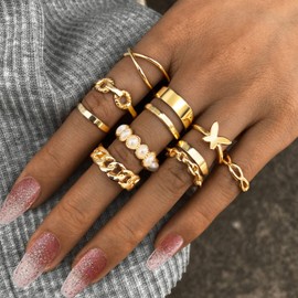 10 PCS Stackable Rings for Women Pearl Beaded Knuckle Rings Gold Knuckle Ring Set Simple Plain Joint Finger Rings(B)