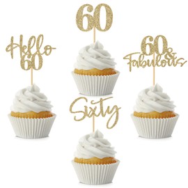 48 piezas de adornos para magdalenas de 60 cumpleaños con purpurina Hello 60 cupcakes, 60 fabulosas 60 púas para 60 cumpleaños, boda, aniversario, fiesta, decoración de pasteles, color champaña dorado