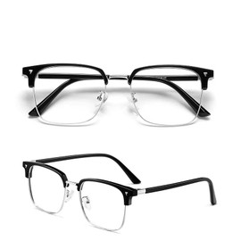 FEISEDY B1254 Blue Light Cut Glasses, Salmont-Shaped Date Glasses, PC Glasses, For Computers, Lightweight, Non-Prescription, Transparent Lens, Square, Retro Fashion, Men's, Women's,, multicolor (black