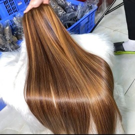 High Quality 100% Human Hair Highlight 4/27 Colored Curl Raw Bulk Human Hair Accept Different Coloredstyle: raw hair, color: 1 pcs bundle straight, Stretched Length: 14 inch
