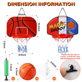 2 Pcs Mini Basketball Hoop with 4 Matching Basketball Sticky Hooks Pump Indoor Basketball Hoop No Drilling Decompress Game Gadget for Kids Adults Bedroom Bathroom (Shoot, Basketball Pattern Style)