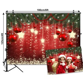 Whaline Christmas Backdrop for Photography Red Green Holiday Party Photo Background Shiny Star Hanging Ball Patterned Banner for Family Photo Booth Prop Wall Decoration Supplies, 6 x 4Ft