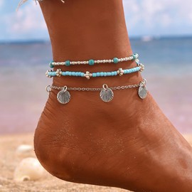 haolry Stack Anklets Ankle Bracelets for Women Adjustable Waterproof Beach Jewelry Set Boho Gold Seashell Bead Surf Foot Chain Summer Gifts, blue