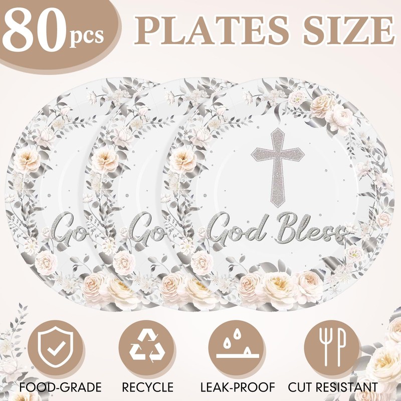 Zopeal 80 Pcs 7 Inch Baptism Plates God Bless Baptism