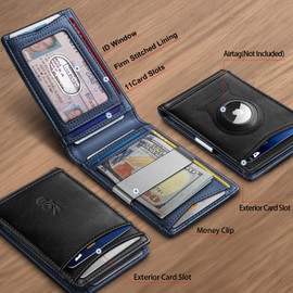 KEMISANT Mens Wallet For Airtag or Standard Use, Slim Front Pocket Wallet for Gift Men 11 Cards RFID Blocking