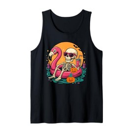 Funny Summerween Skeleton Floating in Flamingo Cute Spooky Tank Top