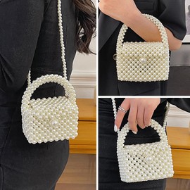 WAYUTO Pearl Crossbody Purse Handmade for Women Clutch Purses Vintage Flower Elegant Evening Purse Fancy with Pearl Strap