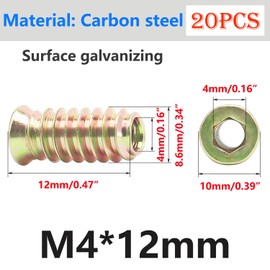 Qrity Qrity 20 Stck Gewindeeins?tze Muttern, Einschraubmutter, M4x12mm Gewindeeinsatzmuttern, Einschraubmuffen, Gewindeeinsatz fr Holzm?bel