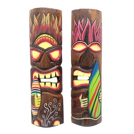 Wowser Hand Crafted Hawaiian Style Surfer Tiki Masks, Wall Décor, Set of 2 Assorted Colors