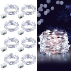 Aogist Led Fairy Lights 3 Modes Battery Operated String Lights Waterproof Silver Wire 7 Feet Firefly Starry Moon Mason Jar Lights for DIY Wedding Party Christmas (White, 8 Pack)