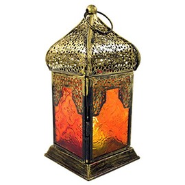 GURU SHOP Oriental Metal/Glass Lantern in Moroccan Design, Red/Yellow, Multicoloured, 17 x 8.5 x 8.5 cm, Oriental Lanterns