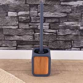 Toilet Brush and Holder Gray Rubber and Acacia – Compact Bathroom Cleaning Set for Deep Cleaning – Ideal for Modern or Contemporary Spaces
