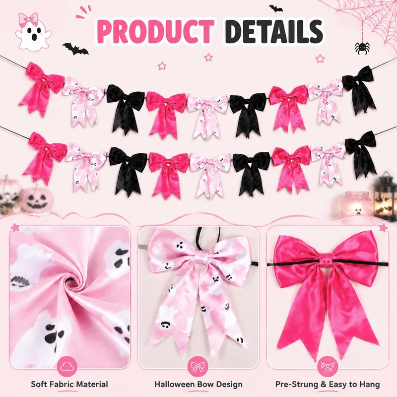 2 Strings Halloween Bow Garland 9.8Ft Pink Black Fabric Bow