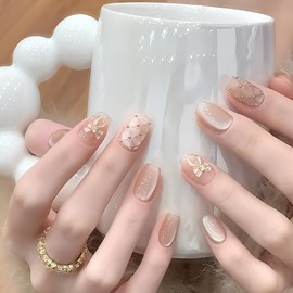 Pack of 30 Cat Eye Artificial Nails Short, Elegant Nude Press On Nails with Bow Lead Design, Square Nails for Sticking Short, Glossy Full Cover Artificial Fingernails for Women (Nude Bow)