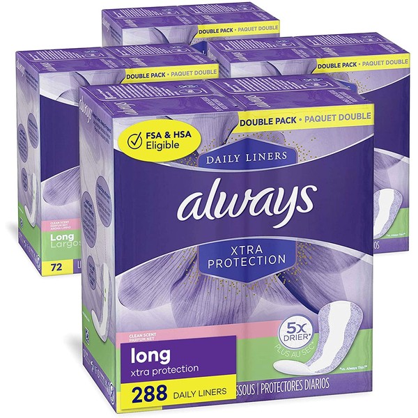 Always Xtra Protection Daily Feminine Panty Liners for Women, Long Length, Fresh Scent, 72 Count - Pack of 4 (288 Count Total)