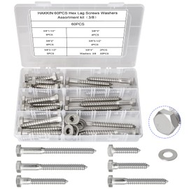 Hakkin 3/8" Hex Lag Screws, 60PCS Assorted Wood Screw & Bolt Assortment Sets 1-1/2" 2" 2-1/2" 3" 3-1/2" 4", Hexagon Head Lag Bolts for Wood, Decks Building,Industrial