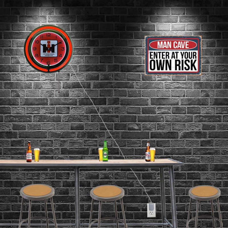 International Harvester Farmall Red Double Neon Clock Garage Decor