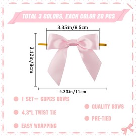 CRASPIRE 60Pcs 3 Colors Twist Tie Bows 3.35" Pink Grosgrain Ribbon Twist Tie Bows White Satin Ribbon Bows for Treat Bags Pretied Bows Premade Craft Bows for Gift Wrap Wedding Candy Party Decoration