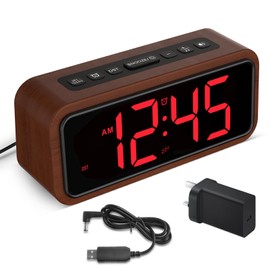 Loud Alarm Clocks Bedside, Wooden Alarm Clock with 12 Alarm Sounds, 5 Volumes, 5 Brightness, LED Display, Snooze, Manual DST, Loud Alarm Clocks for Bedroom Living Room, Mains Powered (Red)