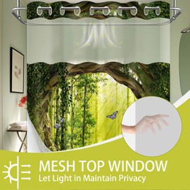 QGHOT Green Forest Hookless Shower Curtain with Snap in Liner, Spring Nature Tree No Hook Double Layer Shower Curtain and Liner Set, Ringless with Window Waterproof Cloth Fabric, 60" W X 74" L