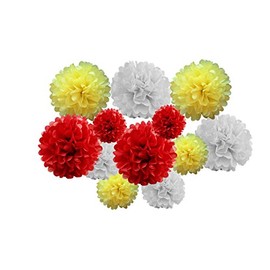 pack of 12 Pack Mixed Tissue Paper Pompom Pom Pom Hanging Garland Wedding Party Decorations (Red/Yellow Shade 2, mix 8" & 10" (20 cm & 25 cm))