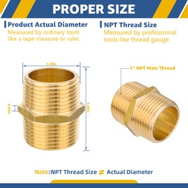 GUOFIS Brass Pipe Fitting,1"x1" NPT Male Hex Nipple Adapter,1 Inch NPT Equal Hex Nipple Connector For Copper, Brass or Iron Pipe Connection(2 PACK)