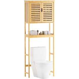 SMIBUY Bathroom Over The Toilet Storage Cabinet, 2 Door Bamboo Cabinet Organizer, Freestanding Space Saver Toilet Rack with Adjustable Inside Shelf and Open Shelf (Natural)