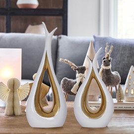 2 PCS White Gold Vase Home Decor Accent Ceramic Vase set of 2 Vases for Centerpieces Pampas Flower Vases for Coffee Table Living Room Shelf Bookshelf Dining Kitchen Mantel and Entryway Decorations