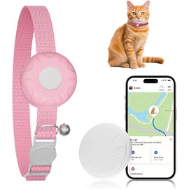 GPS Cat Tracker, Pet Trackers for Cats Compatible with Find My App(iOS Only), No Monthly Fee, Waterproof (White Tracker, Pink Collar)