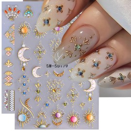Gold Star Nail Stickers Decals 5D Embossed Nail Stickers for Nail Art Sun Moon Nail Decals Gold Nails Art Supplies Design Decoration Accessories for Women and Girls
