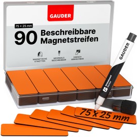 GAUDER GAUDER Magnetetiketten beschreibbar (75 x 25 mm) | 90 Stück Magnetschilder zum Beschriften | Magnetkarten ideal für Kanban Board, Whiteboard & Tafel