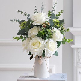 Artificial Rose Flower Arrangement in White Ceramic Vase with Heart Charm Décor, 16" Artificial Flowers with Eucalyptus Stems and Greenery, Rustic Farmhouse Table Centerpiece for Home, Kitchen, Office