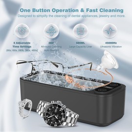 AI Ultrasonic Jewelry Cleaner Retainer Rings Dentures 23OZ (680ML) 360° Deep Cleaning 45KHz Professional Ultrasonic Glasses Cleaner with 5 Digital Timer and Watches Stand 304 Stainless Steel Tank