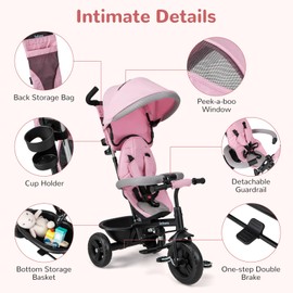 INFANS Kids Tricycle, 6 in 1 Baby Trike Toddler Bike with Reversible Seat, Adjustable Push Handle, Control Direction, Removable Canopy, Safety Harness, Belt, Storage, 9-60 Months (Pink)