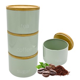 Set of 3 Stackable Tea Coffee Sugar Canister Airtight Food Storage Containers Sugar Jars Tin (Sage)