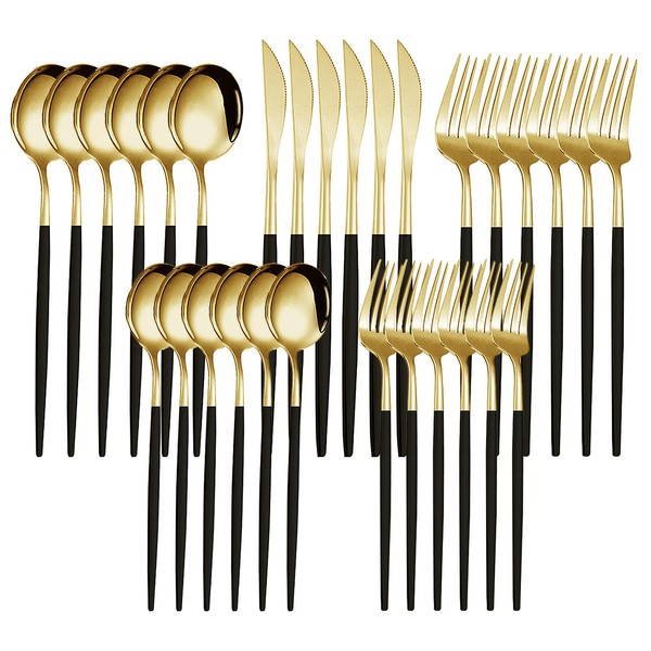 Kawlity Stainless Steel Serving Flatware Durable Black & Gold Polished Knives Spoon Forks 30 Pcs Utensil Dinner Tableware, for Kitchen Dishwasher Adults and Children Ideal Gift