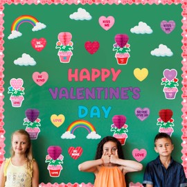 Valentines Day Bulletin Board Decorations Set - Valentine's Honeycomb Heart Cutouts, Borders, Love Letters, Decor for School Classroom Valentine Door