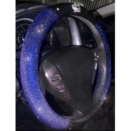 Plush Crown Cover with Ultra Shiny Crystal Rhinestones Super Bling Car Steering Wheel Cover, Universal Diamond Handle Cover Ultra Bling Cover (Blue)