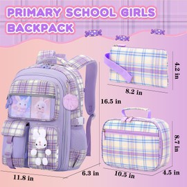 Cute Kids Backpack for Girls, Cartoon Bunny School Bag with Lunch Bag Pencil Case Set, 16.5 inch Laptop Backpack for Kindergarten Elementary Students (Purple)