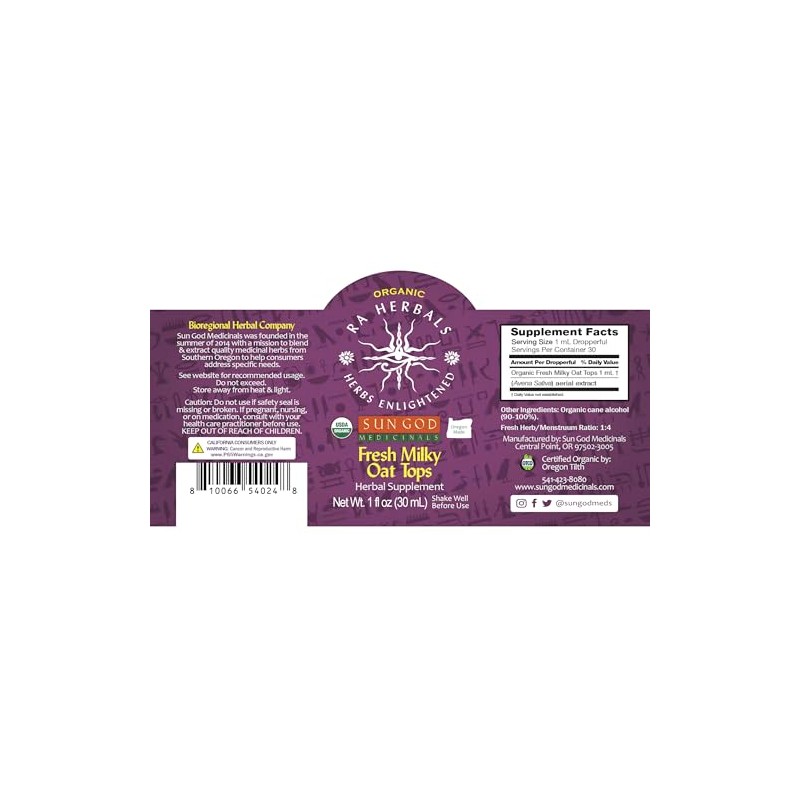 Sun God Medicinals Ra Herbals Certified Organic Fresh Milky Oat