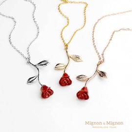 MignonandMignon Rose Pendant Necklace in Gold Rose Gold Silver Beauty and the Beast Rose Necklace Jewelry Gift for Mom (Silver with Red Petal) - 3ERN