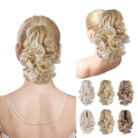 Vijiv Drawstring Ponytail Extension 12 Inch Curly Ponytail for White Women Human Hair Short Synthetic Pony Tails Hair Extensions Ponytail Claw Clip in Hair Piece for Women Updo Wig Blonde Highlights