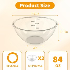 OIEKUN 84 oz Clear large Plastic Chip Bowls (2 Pack) - Serving Bowls for Party Plastic Serving Bowls Snack Salad Bowl Small Party Candy Bar Containers Taco, Bar Serving Dishes for Buffet Chips Fruit
