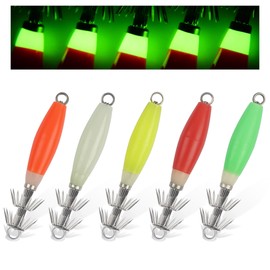 Luminous Squid Jig Hooks Kit Saltwater Glow Squid Fishing Jigs Fluoresent Cuttlefish Sleeve Octopus Fishing Bait Lure Hook Night Fishing Hard Squid Lures Set with Tackle Box(5 Color Mixed-5pcs)
