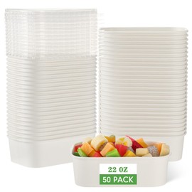 Maxdot 50 Pack Disposable Kraft Paper Bowls with PP Lids Rectangle Paper Food Containers for Lunch Meal Prep,Salad,Ice Cream,Yogurt,Soup Bowls Party Supplies (White,22 oz)