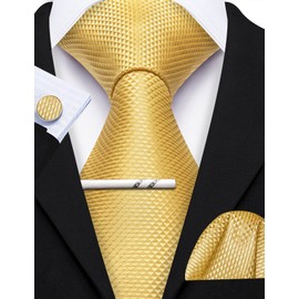 YOHOWA Gold Tie Extra Long for Men with Tie Clip Plaid Silk Necktie Pocket Square Cufflinks Set Formal Wedding Party Business