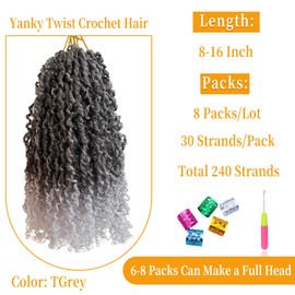 8 Inch Pre-Looped Yanky Twist Crochet Hair, 30 Strands/Pc, Mini Passion Twists, Senegalese Braiding Hair (TGrey, 8 Pcs/Pack)