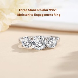 YQWHKJ 2CT 925 Sterling Sliver 3 Stone Moissanite Engagement Rings/Anniversary Rings/Wedding Rings For Women, Round Cut D Color,Size4-9,Perfect Jewelry Gifts