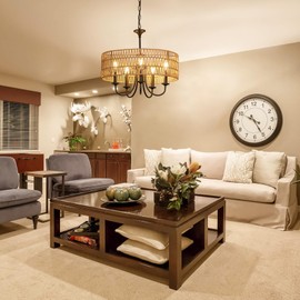 LAMSU Modern Farmhouse Chandelier Light Fixtures, 5-Lights Large Rattan Pendant Lighting with Hand Woven Wicker Shade, Boho Black Chandeliers for Dining Room Living Room Kitchen Island Bedroom